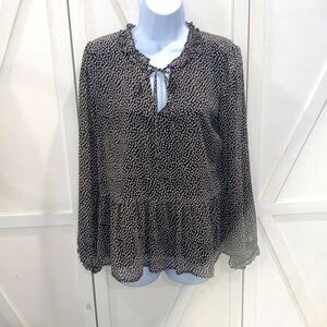 Loft Floral Blouse Black White Long Sleeve Key Hole Detail Size Small